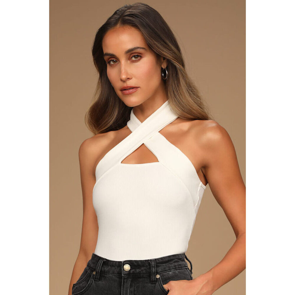 Lulus Essential Energy White Ribbed Sleeveless Cutout Cross-front Top - Size L